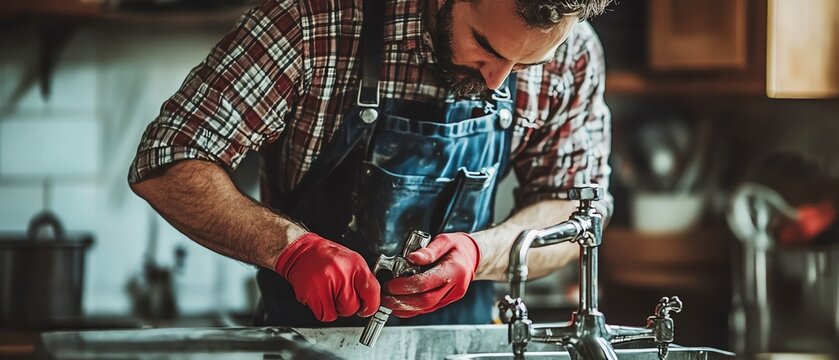 Man fixing sink in home kitchen. - Powered by Adobe