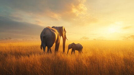 An elephant mother and calf walk through tall grass in the golden light of sunrise.