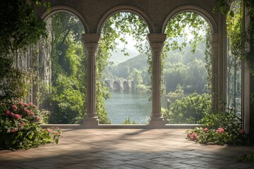 Fototapeta premium Scenic Archway Overlooking Serene Lake and Lush Greenery