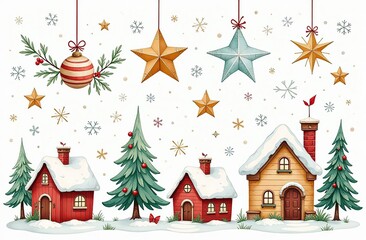 Large set of hand-drawn watercolor illustrations on the theme of Christmas. Cozy Christmas houses. Stars, snowflakes, spruce and branches, festive mood for stickers, decorations, design