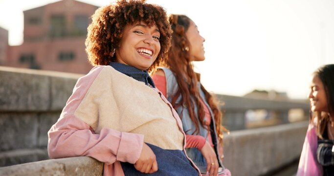 Friends, woman and gen z outdoor for fashion, bonding and communication with trendy cool outfit. Girl, happy and face for community, gossip or diversity with streetwear, culture and style in portrait