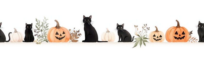 Whimsical Halloween cats and pumpkins on a white isolate background