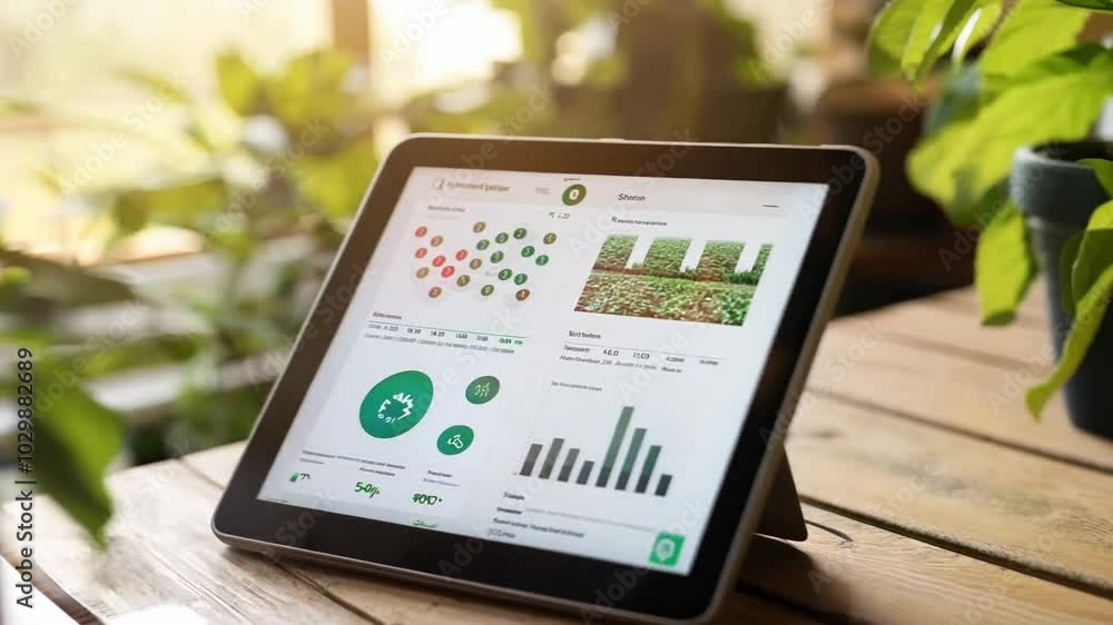 Fototapete a centralized farm management system on a computer screen showing analytics from various data points