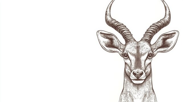 Hand Drawn Illustration of a Gazelle with Long Spiral Horns on White Background