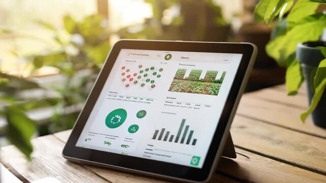 A centralized farm management system on a computer screen showing analytics from various data points like weather conditions and crop health