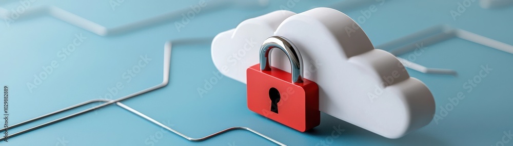 Poster cloud storage with red padlock, symbolizing data security and privacy.