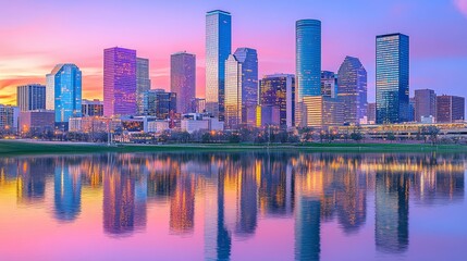 Obraz premium Houston Skyline Reflection at Sunset with Water and Cityscape