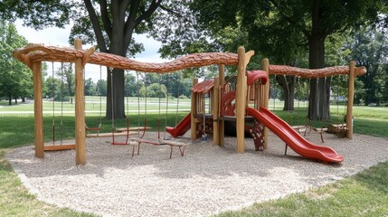 Wooden Swing Set and Slide on Playground with Red Rubber Mulch