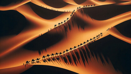 A line of camels and travelers casting long shadows as they traverse the golden dunes of a vast desert, highlighting the beauty of traditional desert journeys