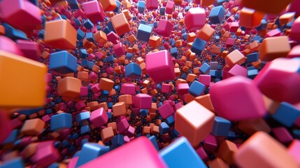 A 3D rendering of a chaotic array of colorful cubes, creating a dynamic and abstract visual.
