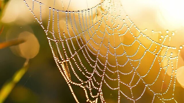  A glistening spiderweb, adorned with morning dew, catches the warm golden light of sunrise. Intricate details and bokeh background create a magical, ethereal scene. 