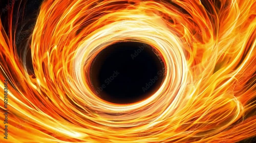 Poster a computer-generated image of a black hole, visualizing the warping of space and dimensions around i