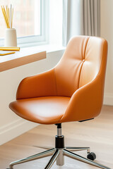 Salted Caramel Leather Office Chair with Wooden Desk and Gold Pens in Minimalist Workspace with Natural Sunlight and Warm Tones
