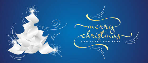 Merry Christmas and Happy New Year 2025. Greeting card template with falling papers in the form of Christmas tree and golden calligraphy, papers in the wind on blue background