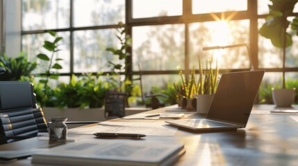 Laptop on Desk with Sunset View