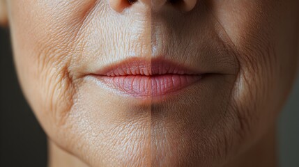 Obraz premium Anti-wrinkle cream application video tutorial, highlighting technique and transformation around the mouth area, ending with before-and-after close-up shots, Realistic, High-Resolution