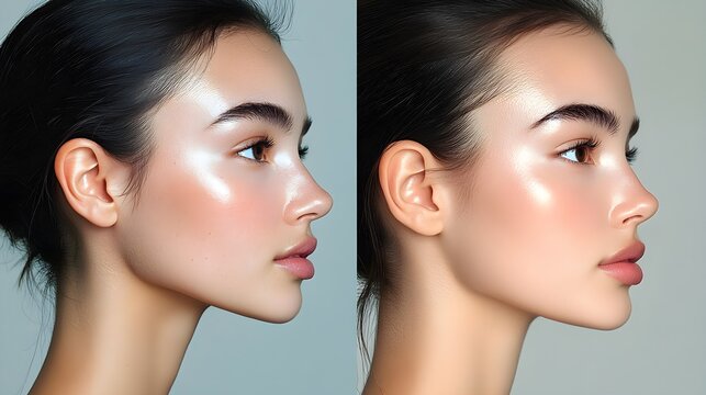 Before-and-after profile comparison of rhinoplasty, highlighting a noticeable hump on the nose bridge and a refined, sculpted nose tip post-procedure