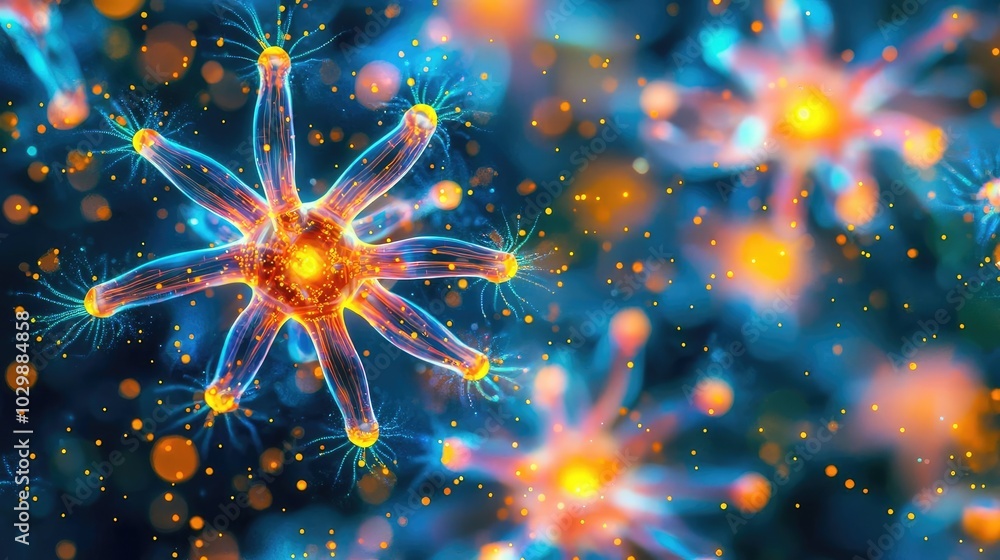 Poster colorful abstract representation of neurons and synapses with a vibrant background.