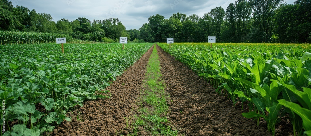 Poster rows of different crops growing in a field, separated by a path, under a cloudy sky.