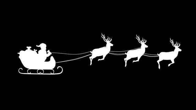 Silhouette Santa Claus on sleigh with Christmas gifts and three 3 reindeers pulling the sledge Luma Matte loop