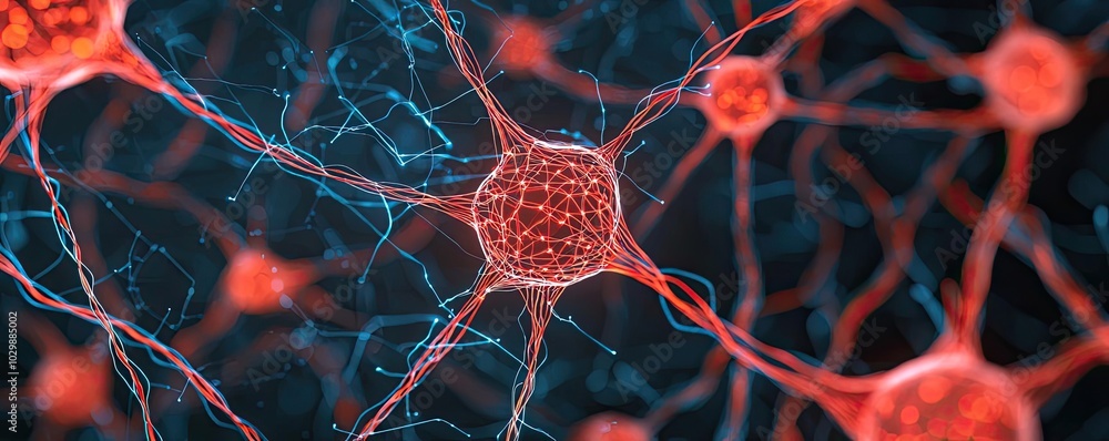 Poster close-up view of red neurons with intricate connections on a dark background.