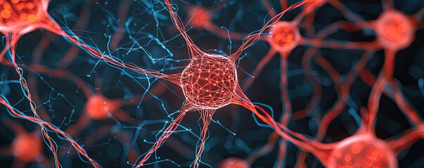 Close-up view of red neurons with intricate connections on a dark background.