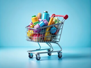 Shopping Cart on Light Blue Background - Online Shopping Concept, E-commerce, Digital Marketplace, Retail Therapy, Modern Consumerism, Shopping Experience, 