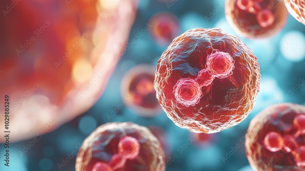 Poster close-up view of colorful cells with molecular structures on a vibrant background.