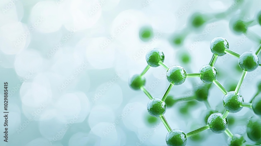 Poster abstract molecular structure with green nodes on a soft blurred background.
