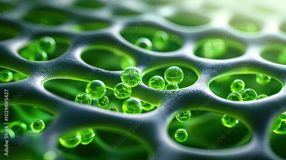 Poster abstract green cellular structure with bubbles in a microscopic view.