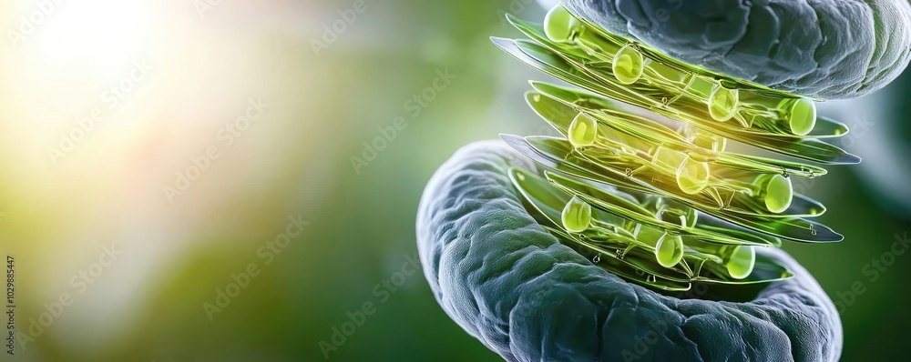 Poster microscopic view of cellular structure with green components and light effect.