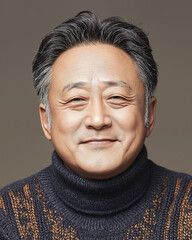 Obraz premium Closeup portrait of a Chinese adult with smiling expression and casual black clothes, looking at camera