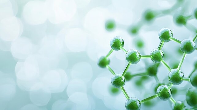 Abstract molecular structure with green nodes on a soft blurred background.