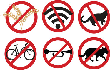 Prohibited Signs for wifi, gluten, wheat, horn, pet, cycle. Editable vector, easy to change color or manipulate. Easy to reuse in designing poster, banner, flyer or sticker. eps 10.