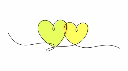 Two hearts symbol from continuous one line drawing with heart shape spot. Love couple icon. Two hearts become one heart concept for design element.
