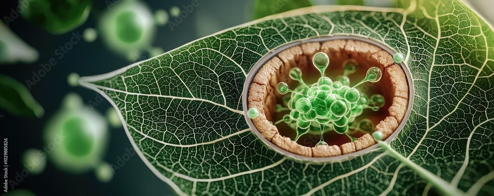 Poster detail of leaf structure with microscopic view of cells and microorganisms.