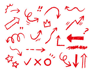 シンプルでラフな手書きの矢印や記号、飾りになるベクターイラスト　セット　赤色
