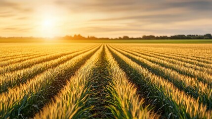 Golden wheat field under sunset, rows of crops extending to horizon.