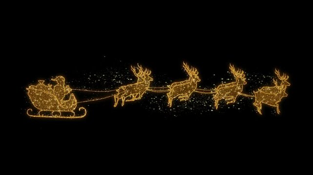 Golden Santa Claus on sleigh with Christmas gifts and eight 8 reindeers pulling the sledge loop