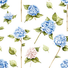 Beautiful watercolor hydrangeas in shades of blue and light pink, surrounded by green leaves, create serene and elegant floral pattern. This design is perfect for various decorative uses
