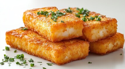 Macro view of golden crispy fried fish fingers on a white background.