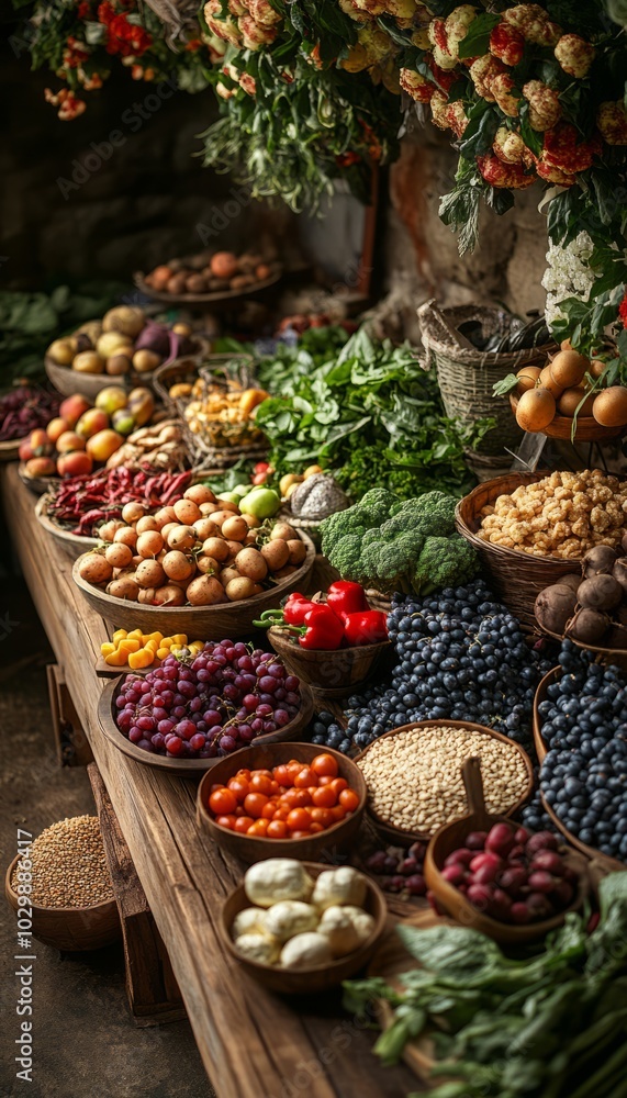 Wall mural A rustic wooden table laden with an abundance of fresh fruits, vegetables, and grains.