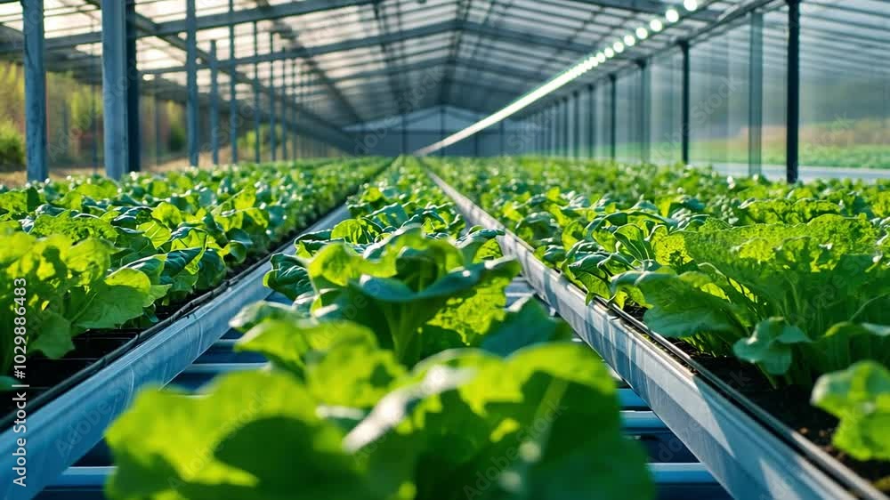Poster a panoramic view inside a smart greenhouse with rows of leafy greens under automated led lights that