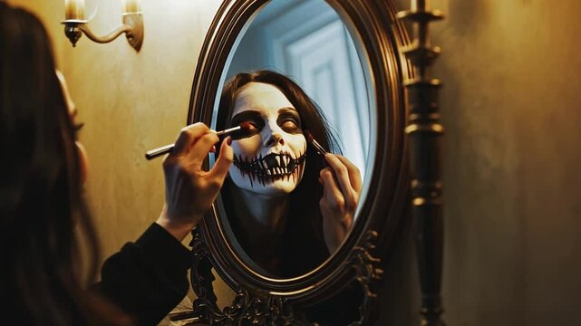 A woman with long dark hair, dressed in black, and makeup to look like a cool skeleton in a dimly lit room.