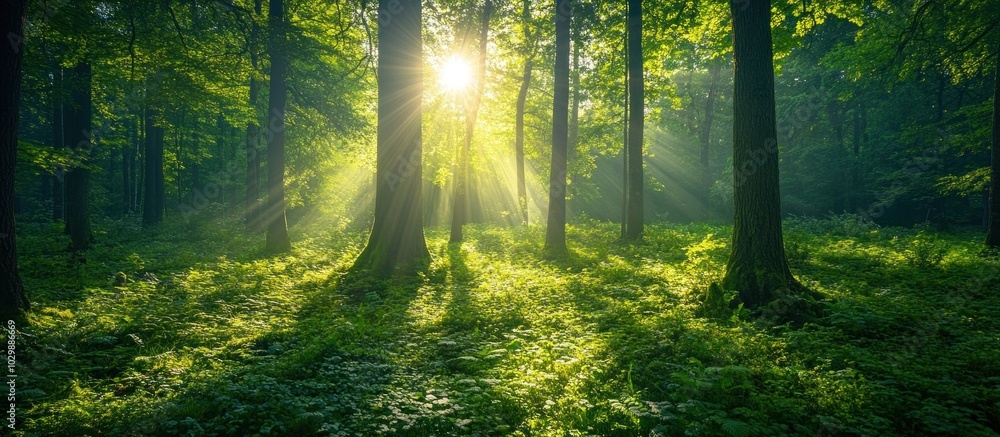 Poster sunlight streams through the trees in a lush green forest.