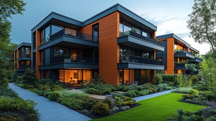 Obraz premium Modern apartment buildings are set in an urban environment, reflecting a contemporary cityscape.
