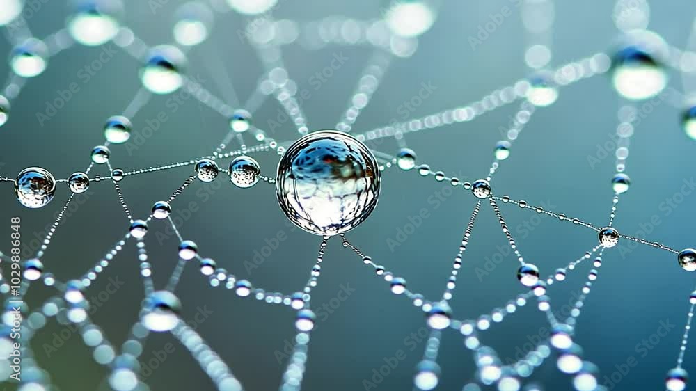 Poster a macro shot of dewdrops on a spiderweb, each drop reflecting the world around it in perfect detail