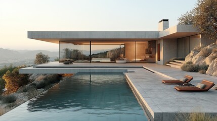 Modernist architecture showcasing a concrete house with a pool, embodying minimalist design and luxury living.