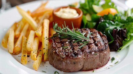 Grilled Steak with Fries and Salad