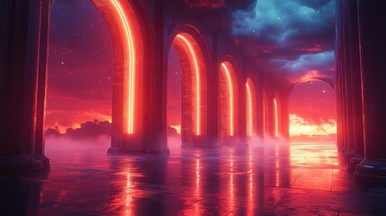 Neon arcs and glowing columns in a dark setting, creating a vibrant and futuristic atmosphere.